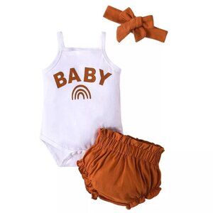 Baby Girl Graphic Cami Bodysuit & Paperbag Shorts & Headband in Brown, Size 3-6M